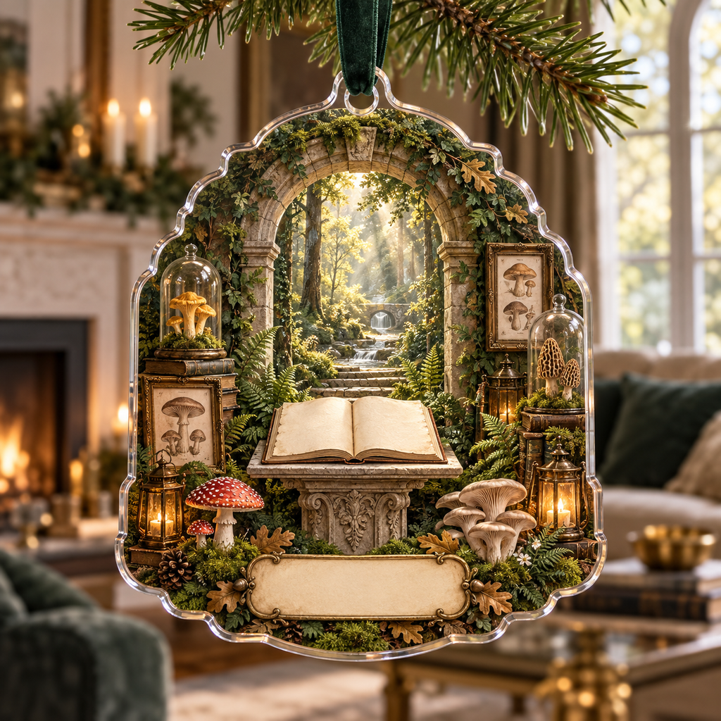 One christmas ornament with a monumental mossy stone arch, luminous woodland path, blank field journal on a carved pedestal, botanical specimen frames, woodland mushrooms, glass cloches, amber lanterns and a blank parchment name plaque.