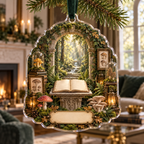One christmas ornament with a monumental mossy stone arch, luminous woodland path, blank field journal on a carved pedestal, botanical specimen frames, woodland mushrooms, glass cloches, amber lanterns and a blank parchment name plaque.