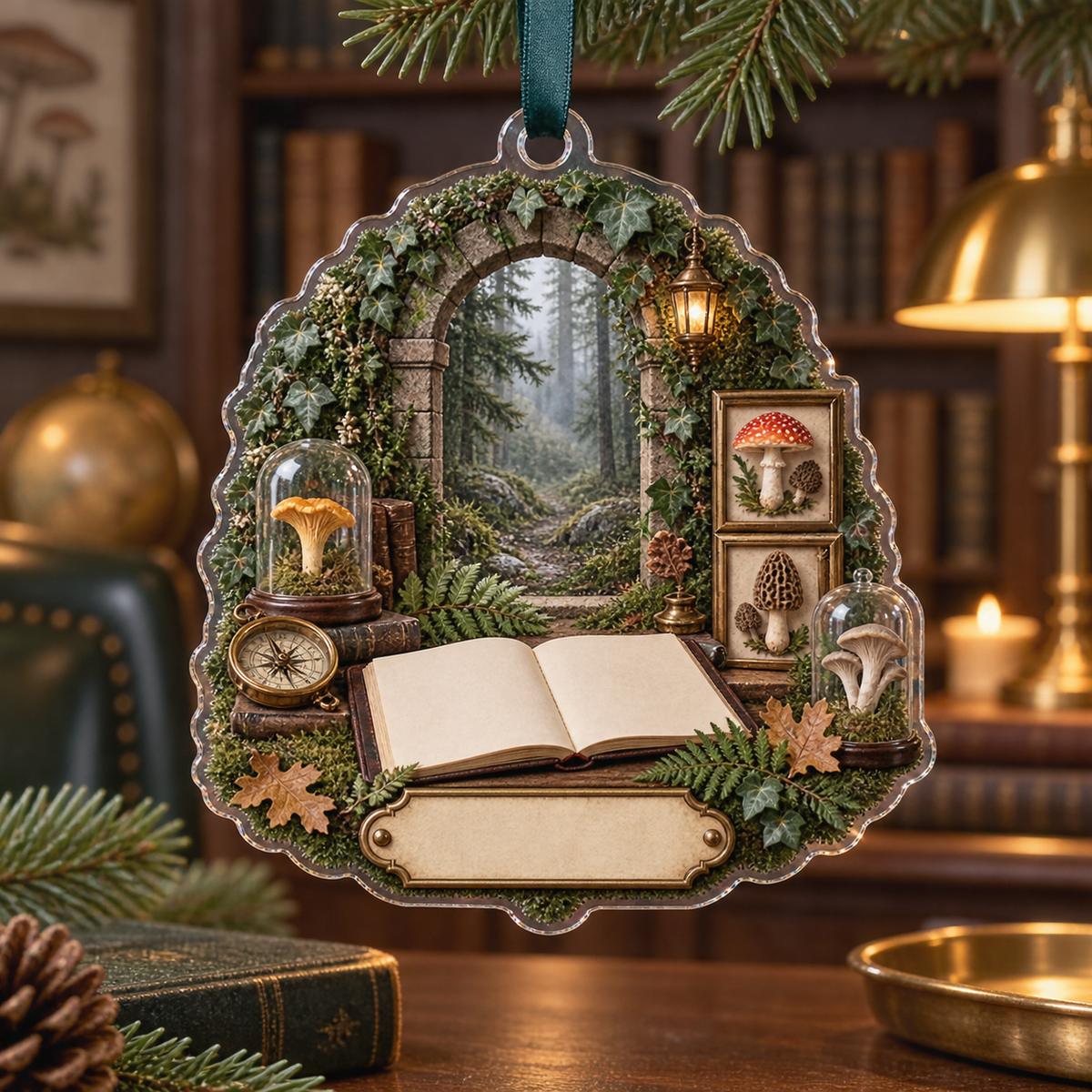One christmas ornament with an ivy-covered stone study arch, misty woodland trail, blank field journal, brass-framed mushroom specimen plates, woodland mushrooms, vintage compass, glass cloches and a blank parchment name plaque.