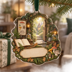 One christmas ornament with an ivy-covered stone doorway, sunlit forest cottage path, blank field journal, mushroom specimen frames, woodland mushrooms, brass house key, glass cloches, amber lanterns and a blank parchment name plaque.