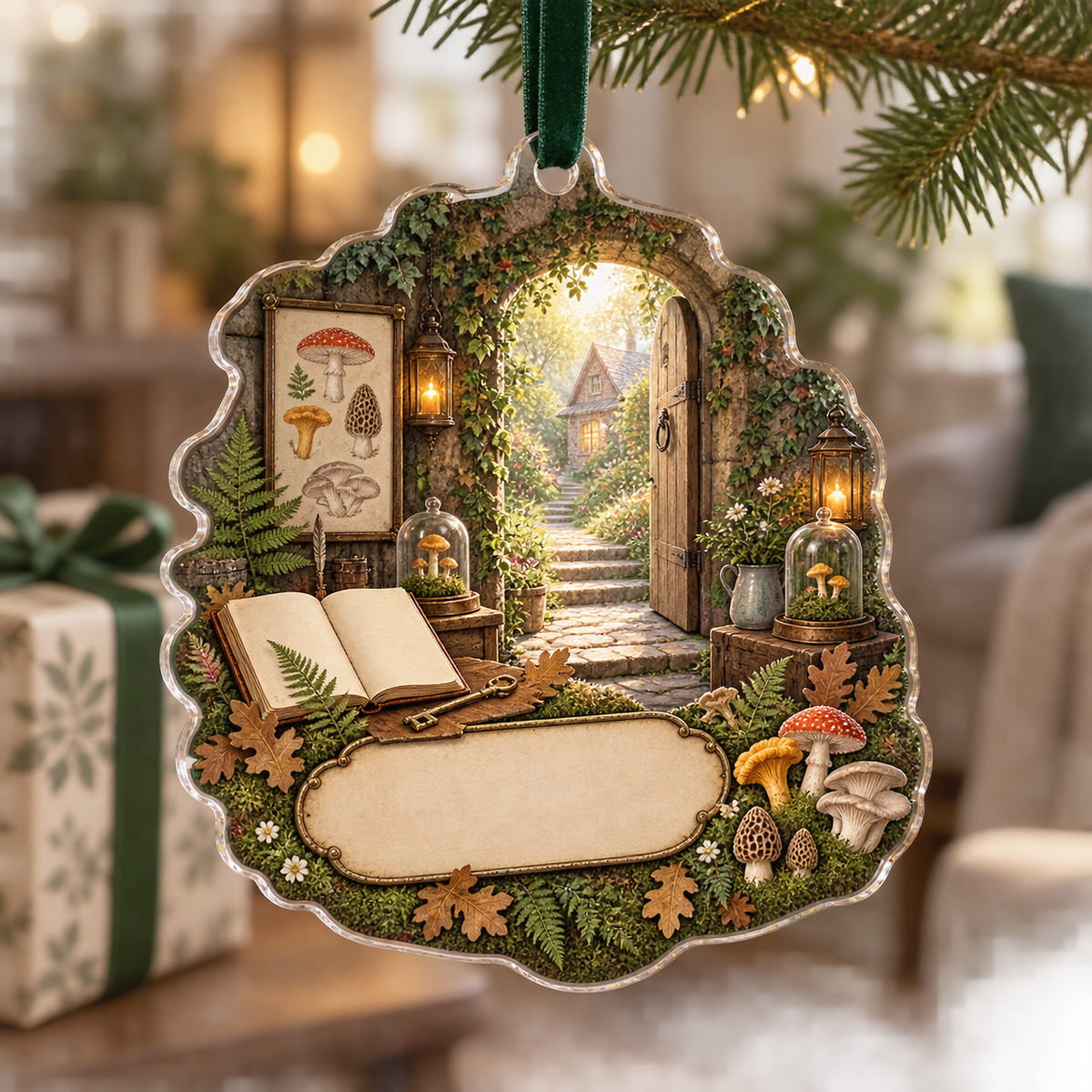 One christmas ornament with an ivy-covered stone doorway, sunlit forest cottage path, blank field journal, mushroom specimen frames, woodland mushrooms, brass house key, glass cloches, amber lanterns and a blank parchment name plaque.