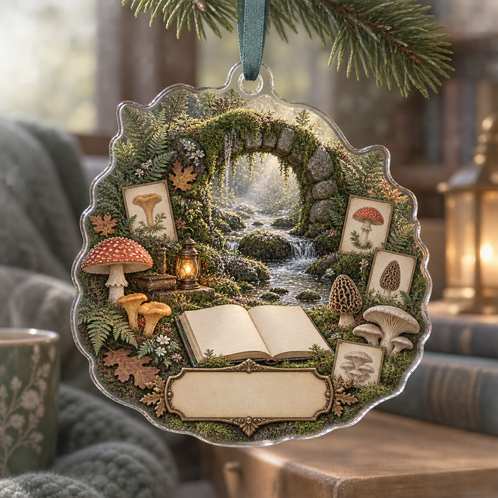 One christmas ornament with a tranquil mossy stone arch, gentle stream, blank field journal, small mushroom specimen frames, woodland mushrooms, soft ferns, oak leaves, amber lantern and a blank parchment name plaque.
