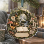 One christmas ornament with a tranquil mossy stone arch, gentle stream, blank field journal, small mushroom specimen frames, woodland mushrooms, soft ferns, oak leaves, amber lantern and a blank parchment name plaque.