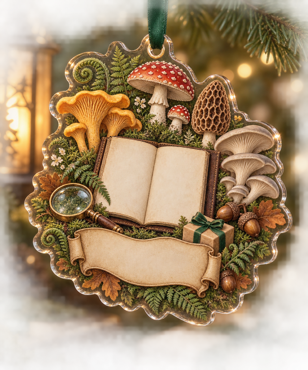 One christmas ornament with a blank field journal, mushroom specimen frames, woodland mushrooms, ferns, oak leaves, antique magnifying glass, tiny wrapped gift, amber lantern and blank parchment name plaque.