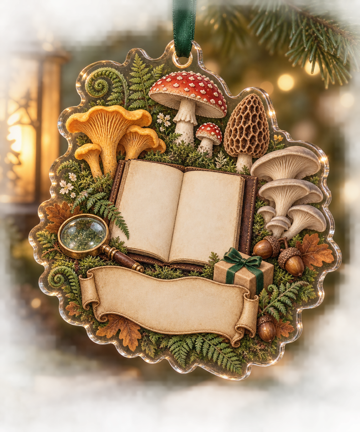 One christmas ornament with a blank field journal, mushroom specimen frames, woodland mushrooms, ferns, oak leaves, antique magnifying glass, tiny wrapped gift, amber lantern and blank parchment name plaque.