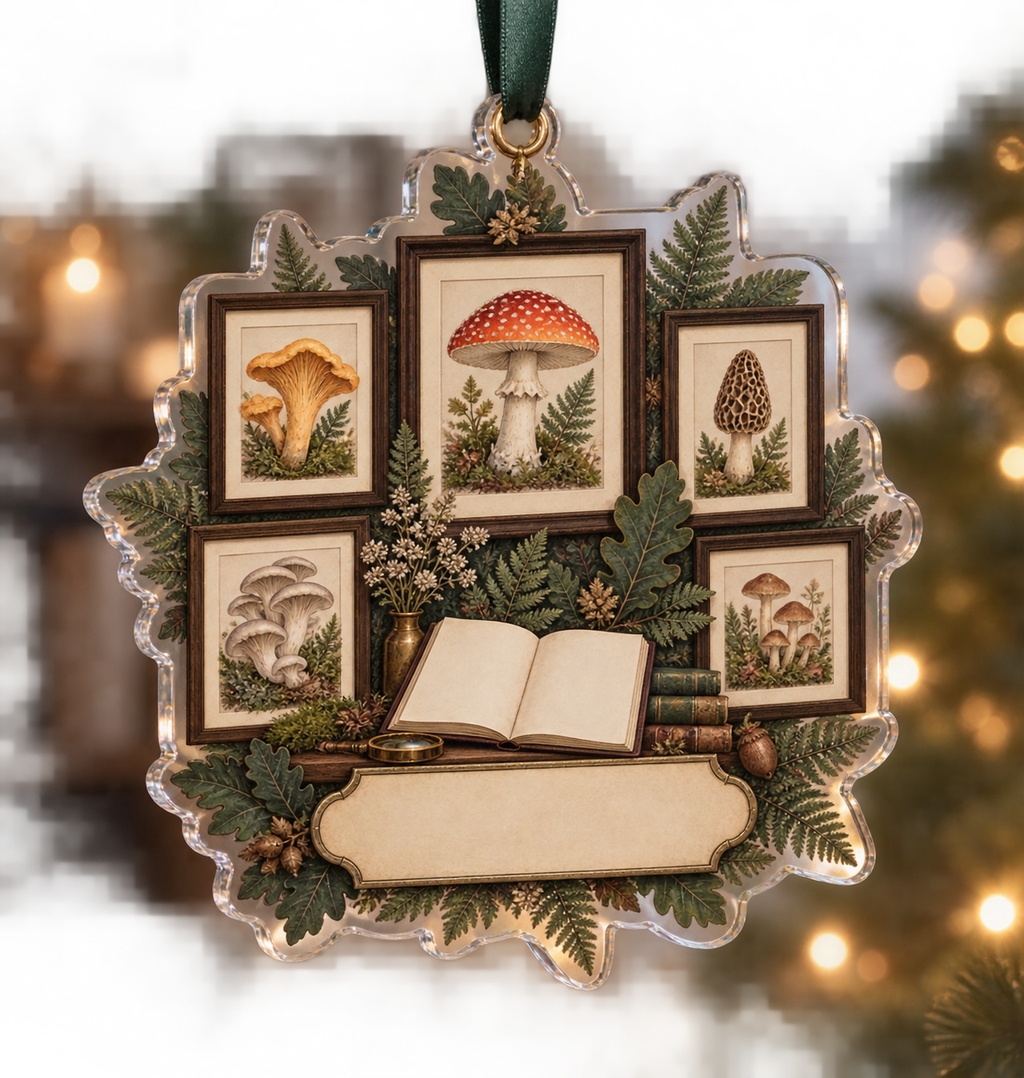 One christmas ornament with a blank field journal, five framed mushroom studies, layered ferns, oak leaves and a blank parchment name plaque in a refined apartment gallery style.