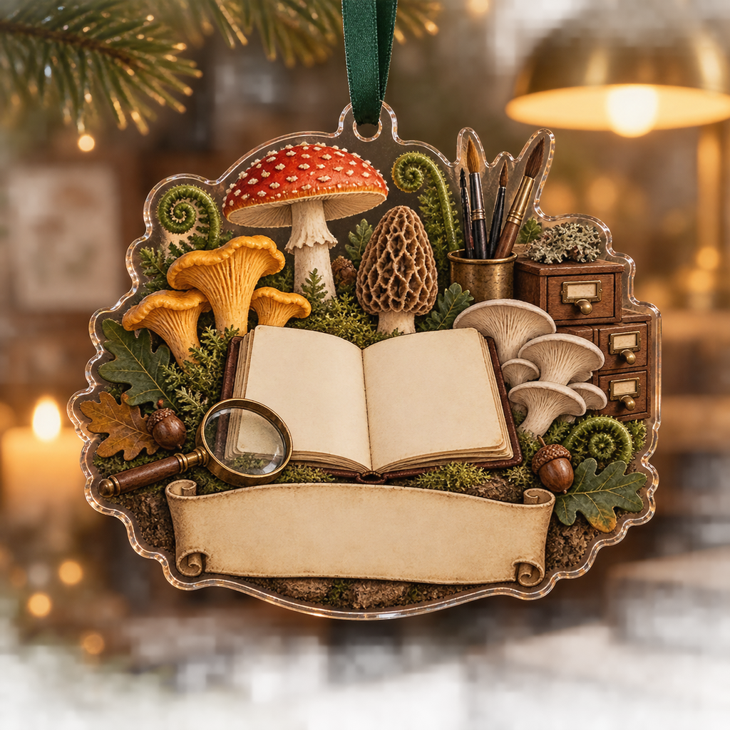 One christmas ornament with a blank field journal, mushroom specimen frames, woodland mushrooms, artist brushes, specimen drawers, magnifying glass and blank parchment name plaque.