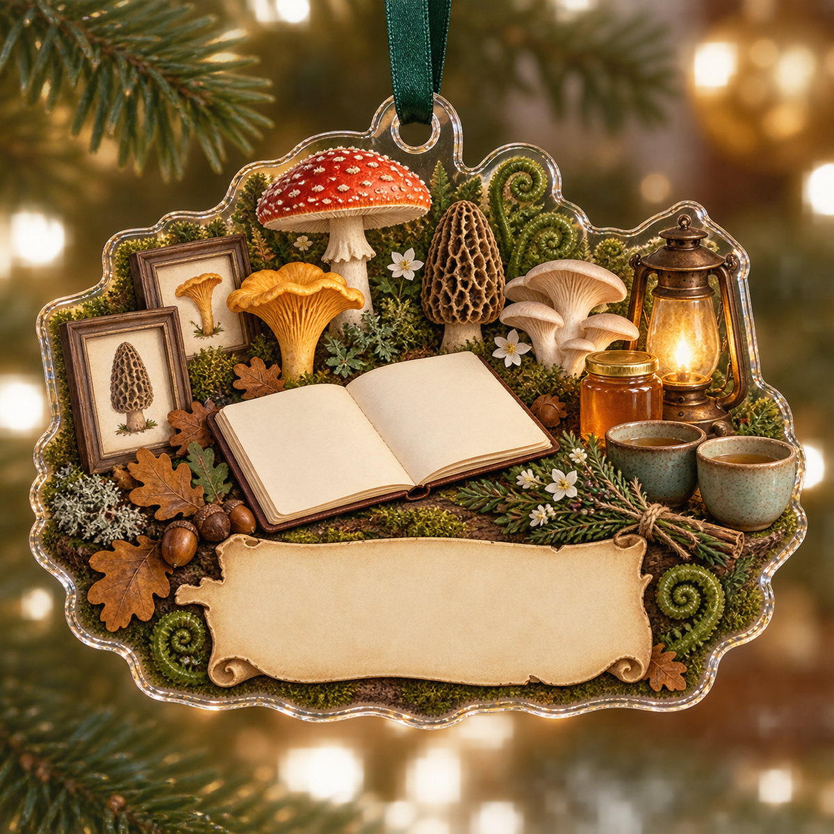 One christmas ornament with a blank field journal, mushroom studies, woodland mushrooms, tea cups, honey jar, botanical gift sprig, amber lantern and blank parchment name plaque.