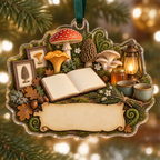 One christmas ornament with a blank field journal, mushroom studies, woodland mushrooms, tea cups, honey jar, botanical gift sprig, amber lantern and blank parchment name plaque.