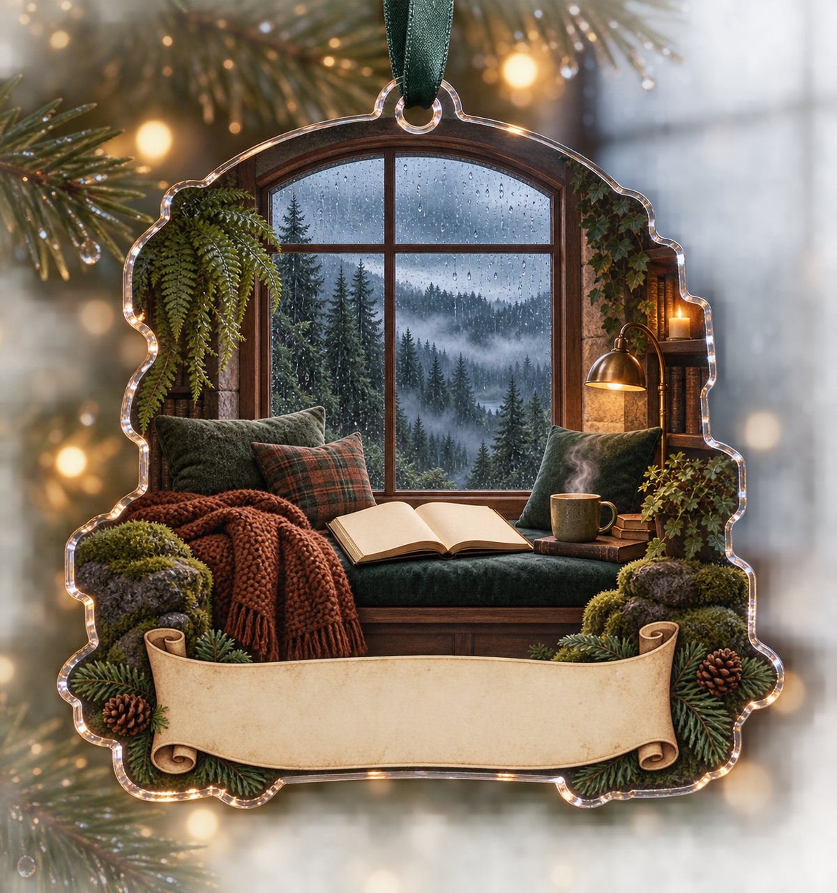 One christmas ornament with a rain-speckled arched window overlooking a misty evergreen forest, cushioned reading bench, blank open book, steaming mug, knit throw, brass lamp and blank parchment name plaque.