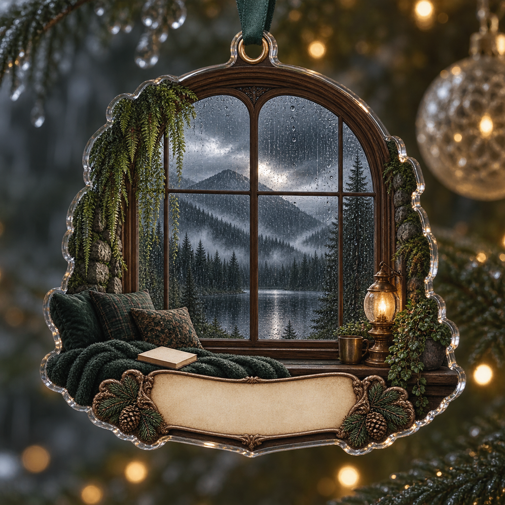 One christmas ornament with a floor-to-ceiling rain-speckled arched window overlooking misty evergreen mountains and a dark reflective lake, ferns, warm brass lamp and blank parchment name plaque.