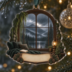 One christmas ornament with a floor-to-ceiling rain-speckled arched window overlooking misty evergreen mountains and a dark reflective lake, ferns, warm brass lamp and blank parchment name plaque.