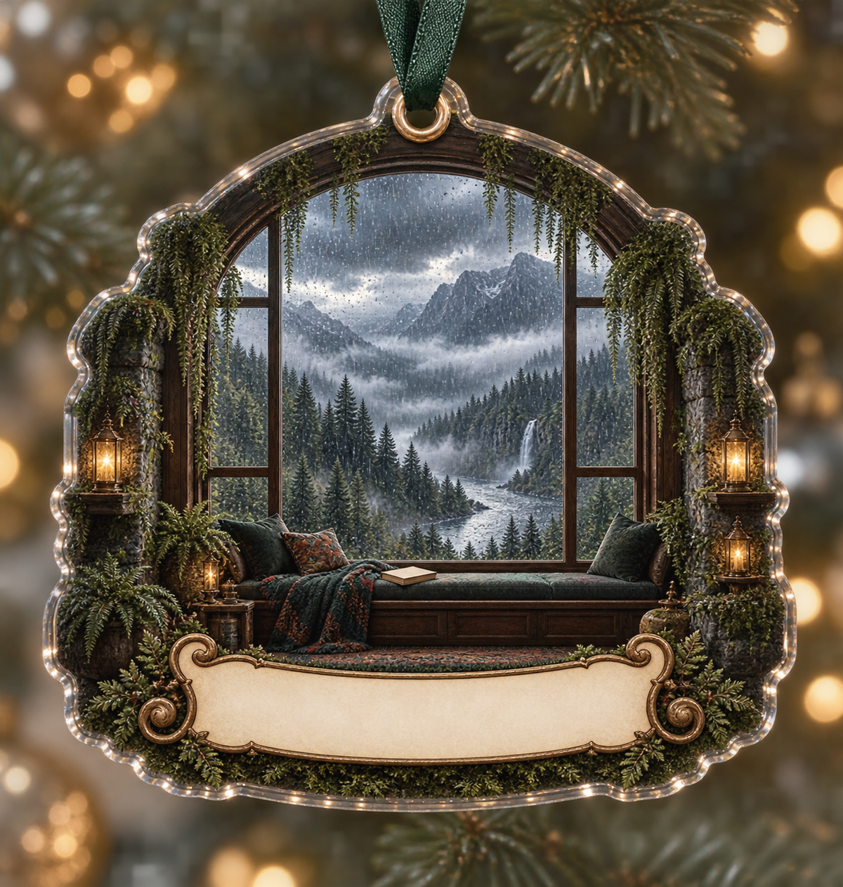 One christmas ornament with a grand panoramic rain-speckled arched window overlooking a misty evergreen valley, silver river and distant mountains, brass lanterns and blank parchment name plaque.
