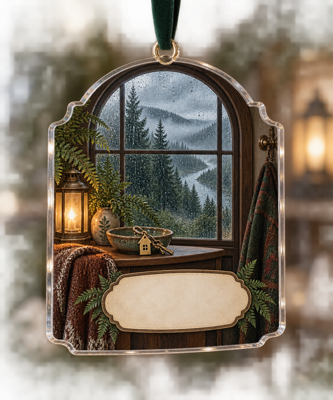 One christmas ornament with a rainy arched window, misty pine forest, warm lantern, house key charm and blank parchment name plaque.