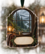One christmas ornament with a rainy arched window, misty pine forest, warm lantern, house key charm and blank parchment name plaque.