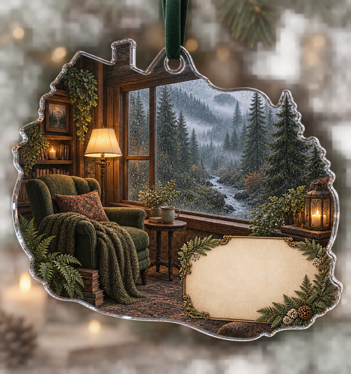 One christmas ornament with a rain-beaded cottage window, foggy evergreens, reading chair, amber lamp and blank parchment name plaque.