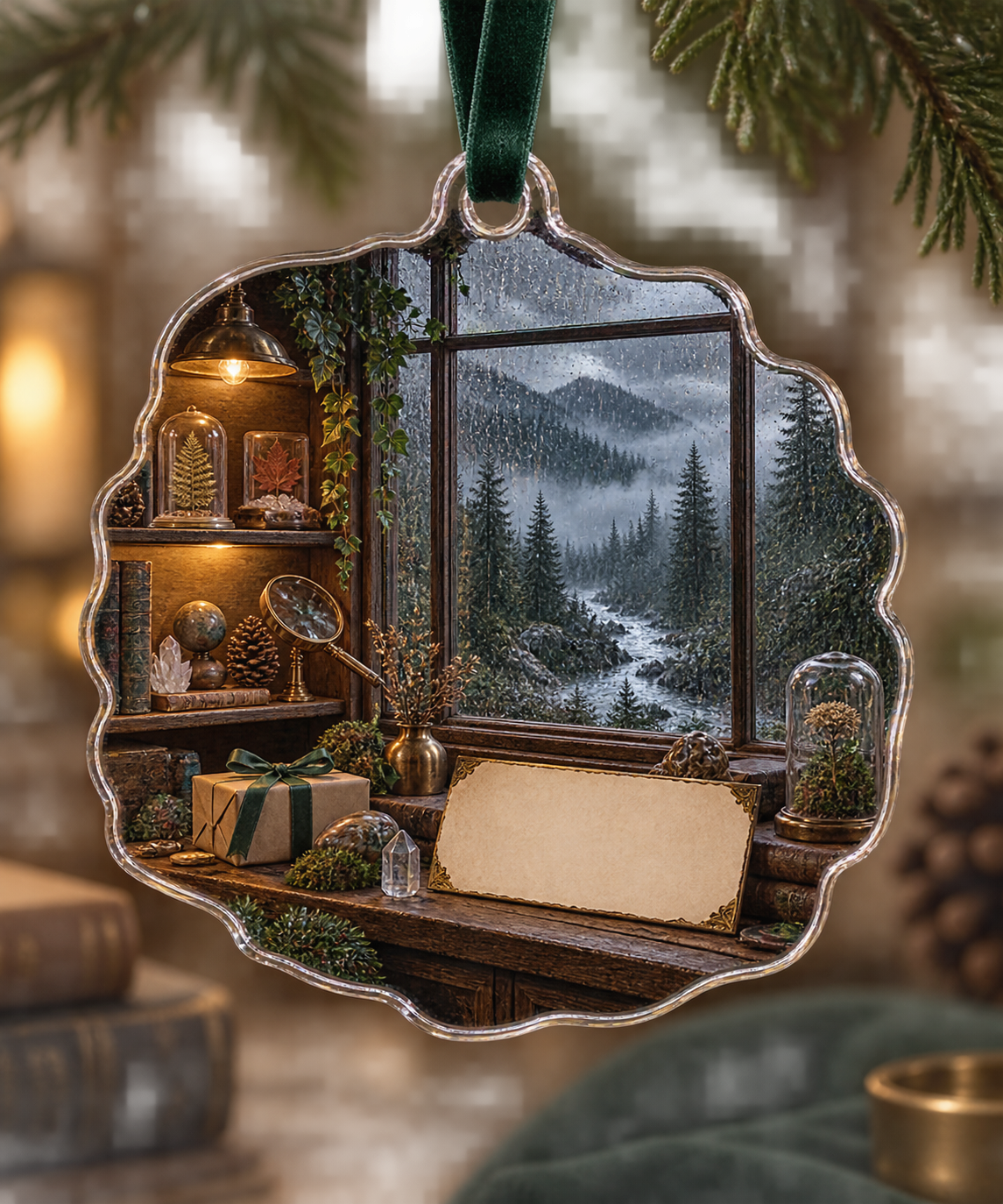 One christmas ornament with a rain-streaked forest window, curated botanical specimens, polished stones, wrapped gift and blank parchment name plaque.