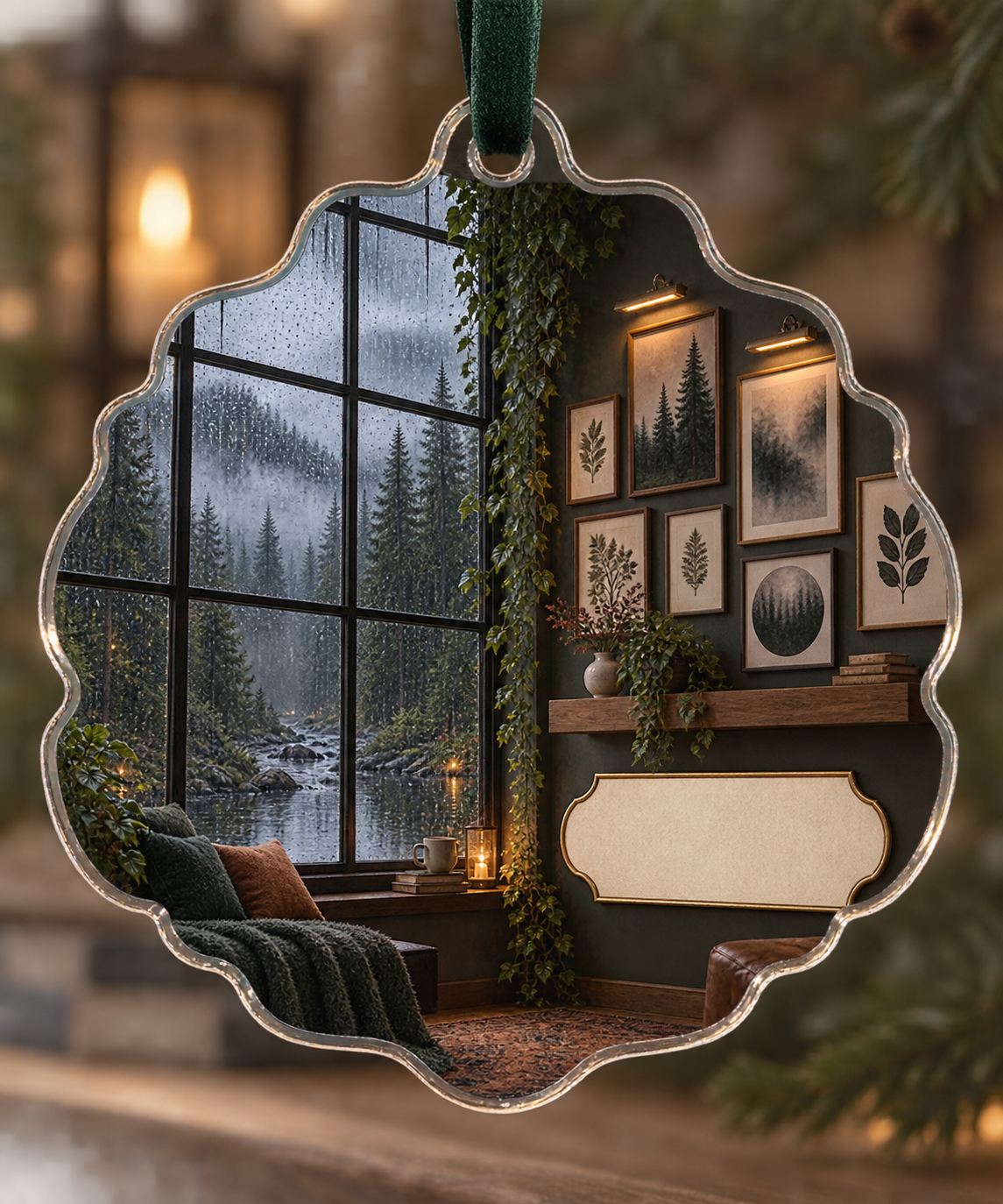 One christmas ornament with a rain-beaded loft window, misty pine creek, botanical gallery wall, warm picture lights and blank parchment name plaque.