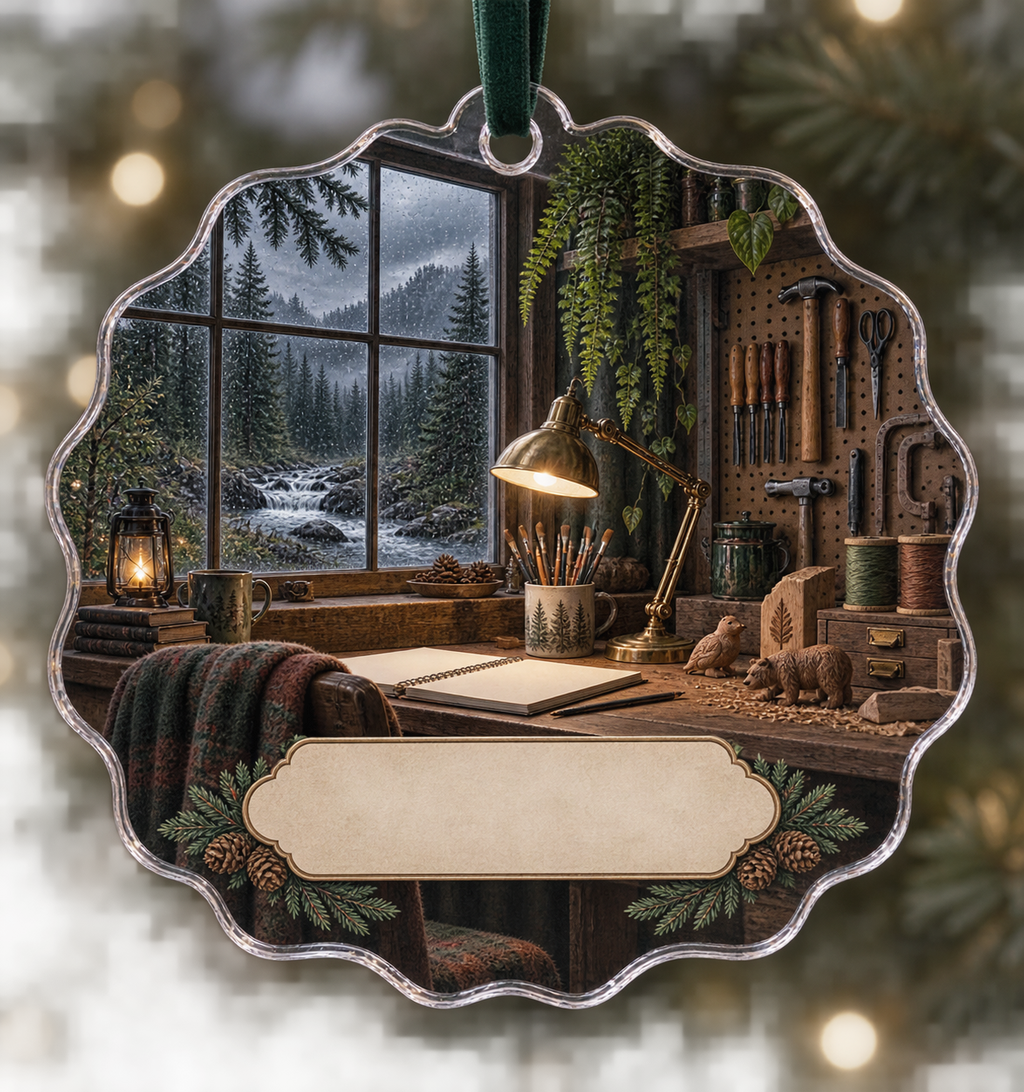 One christmas ornament with a rain-speckled workshop window, pine creek, maker tools, brass lamp and blank parchment name plaque.
