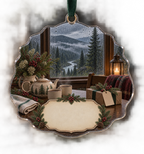 One christmas ornament with a rain-dappled forest window, tea service, woodland bouquet, wrapped gift and blank parchment name plaque.