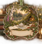 One christmas ornament with a woodland tea picnic, mossy reading alcove, wildflowers, strawberries and blank parchment name plaque.