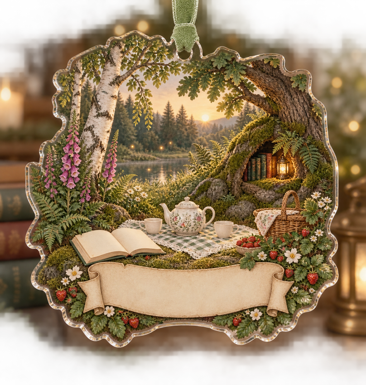 One christmas ornament with a woodland tea picnic, mossy reading alcove, wildflowers, strawberries and blank parchment name plaque.