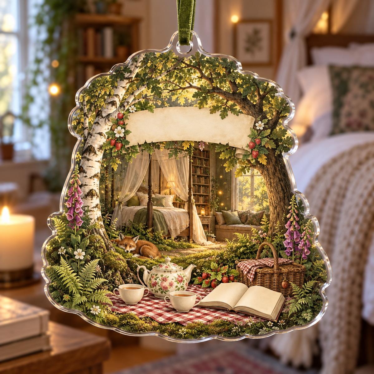 One christmas ornament with a woodland tea picnic, dreamy canopy-bed retreat, wildflowers, strawberries and blank parchment name plaque.