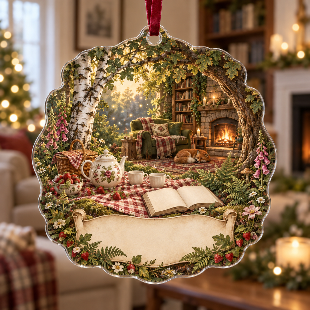 One christmas ornament with a woodland tea picnic, stone-fireplace lounge, wildflowers, strawberries and blank parchment name plaque.