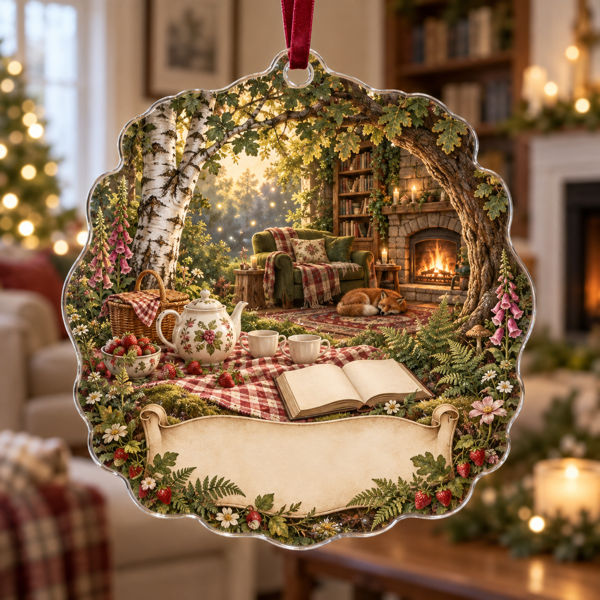 One christmas ornament with a woodland tea picnic, stone-fireplace lounge, wildflowers, strawberries and blank parchment name plaque.