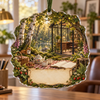 One christmas ornament with a woodland tea picnic, glass-walled writing studio, wildflowers, strawberries and blank parchment name plaque.