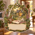 One christmas ornament with a woodland tea picnic, welcoming cottage, key, wildflowers, strawberries and blank parchment name plaque.
