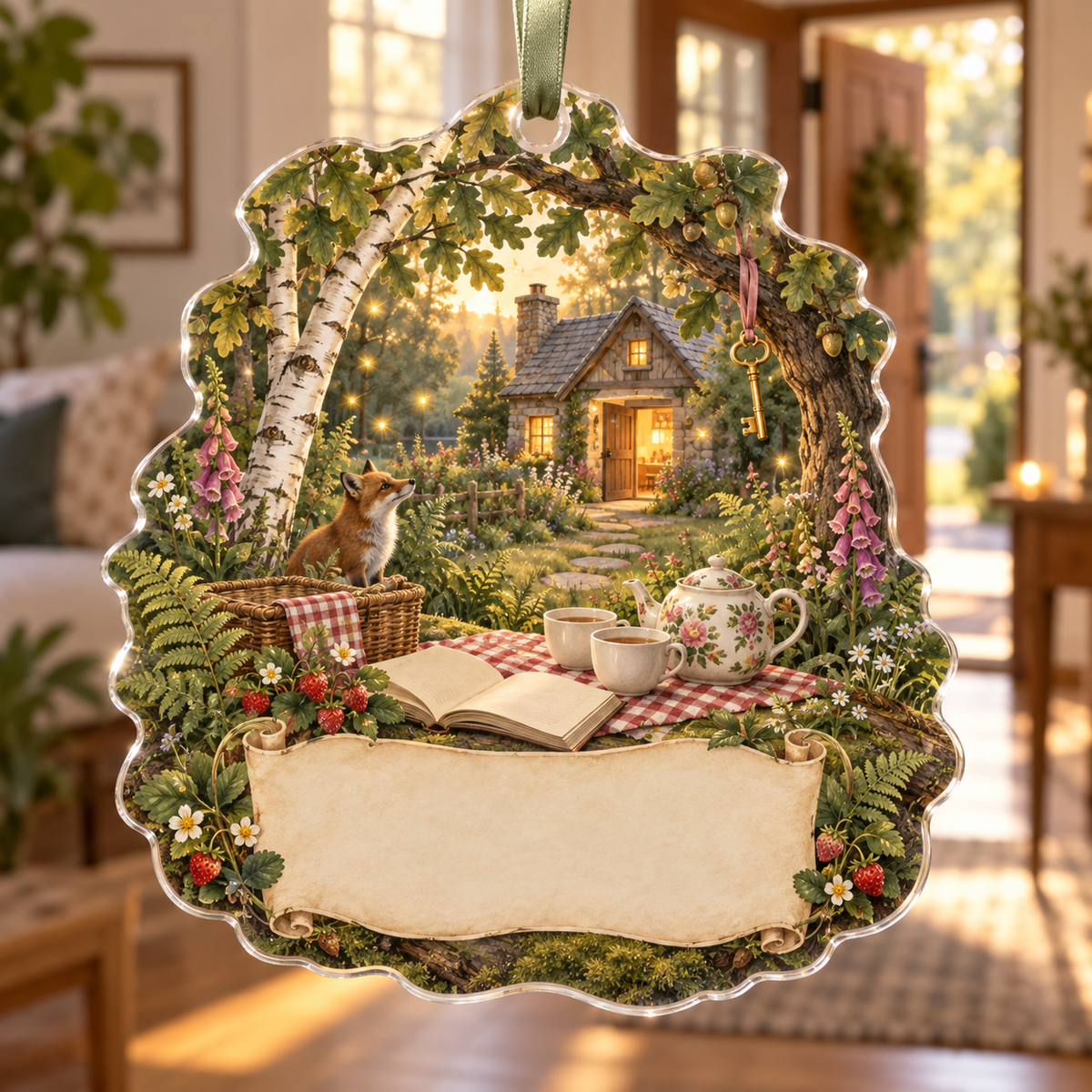 One christmas ornament with a woodland tea picnic, welcoming cottage, key, wildflowers, strawberries and blank parchment name plaque.