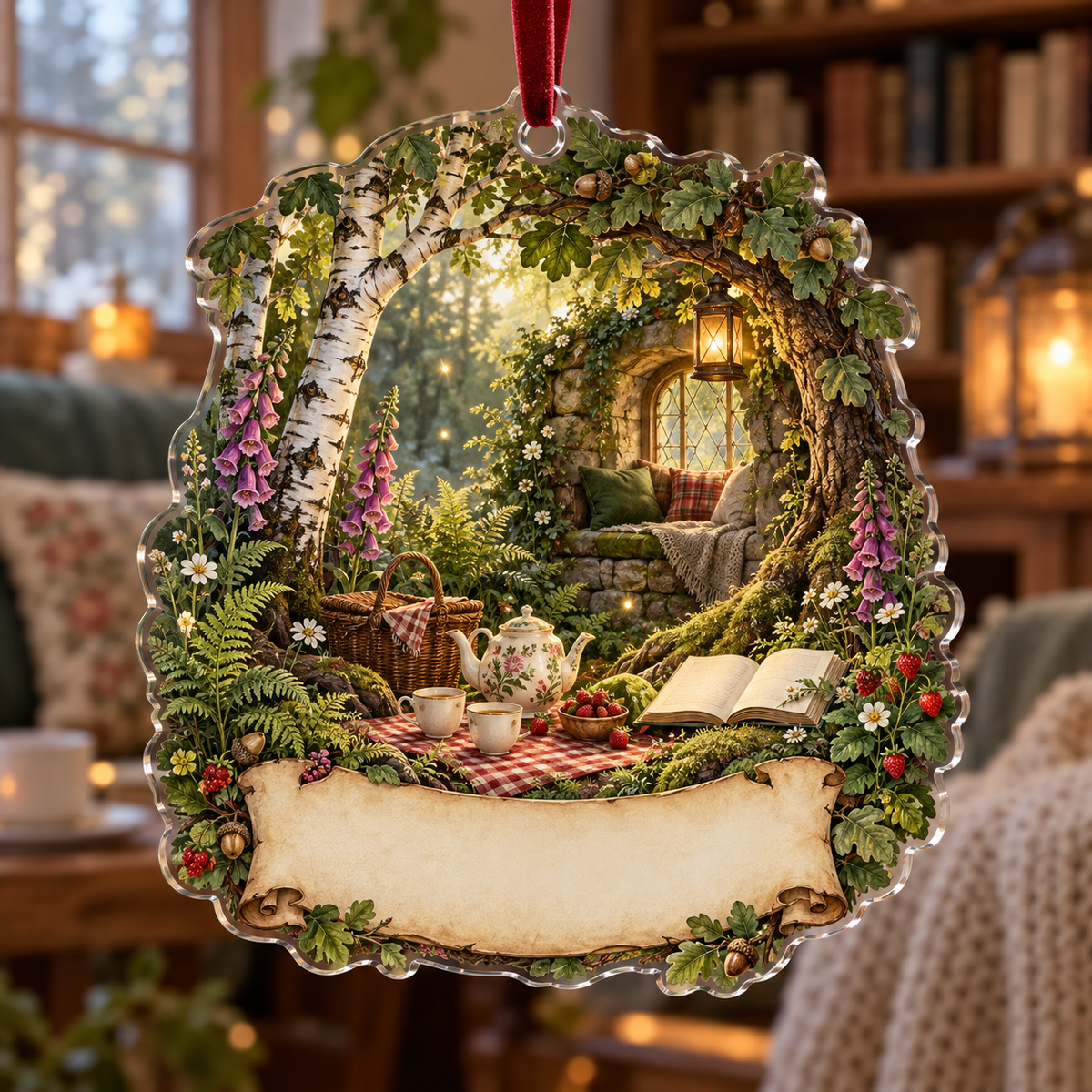 One christmas ornament with a woodland tea picnic, lantern-lit window seat, wildflowers, strawberries and blank parchment name plaque.