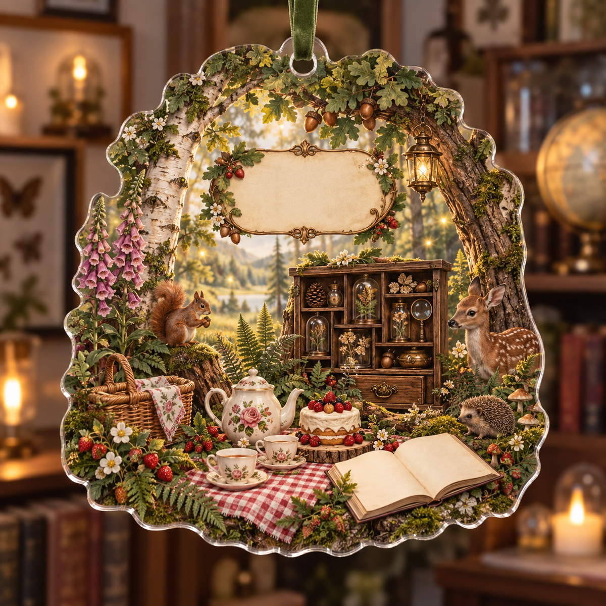 One christmas ornament with a woodland tea picnic, curiosity cabinet, berry cake, botanical specimens and blank parchment name plaque.