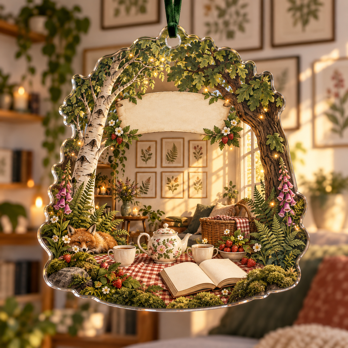 One christmas ornament with a woodland tea picnic, apartment botanical gallery, wildflowers, strawberries and blank parchment name plaque.