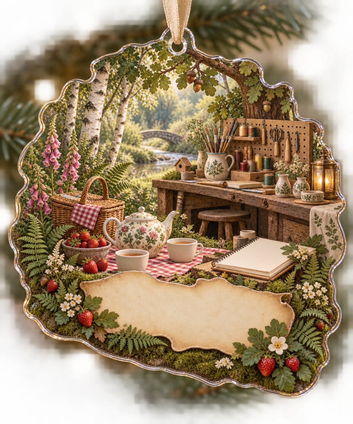 One christmas ornament with a woodland tea picnic, home hobby studio, creative tools and blank parchment name plaque.