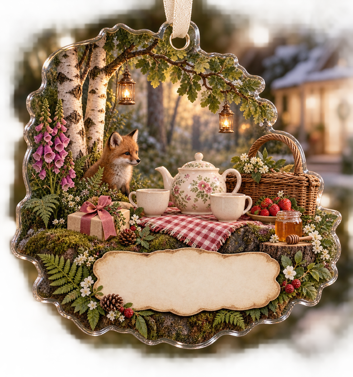 One christmas ornament with a welcoming woodland tea picnic, cottage lights, plain gift and blank parchment name plaque.