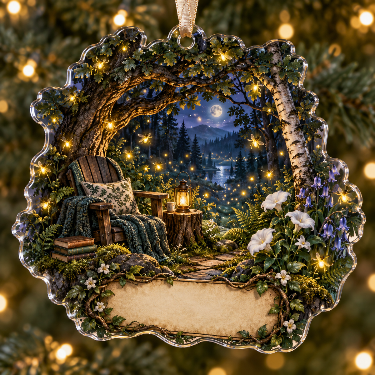 One christmas ornament with a twilight firefly clearing, cozy reading chair, blank book pages and parchment name plaque.