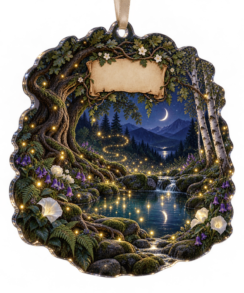 One christmas ornament with a dramatic moonlit firefly clearing, reflecting pool and blank parchment name plaque.