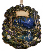 One christmas ornament with a dramatic moonlit firefly clearing, reflecting pool and blank parchment name plaque.