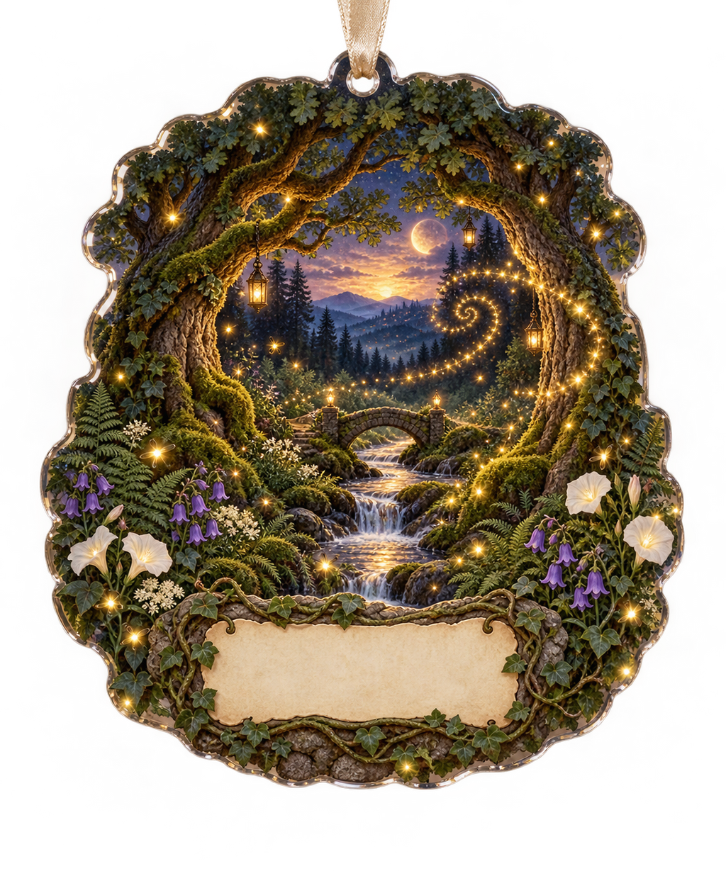 One christmas ornament with a grand firefly clearing, tiny stone bridge, winding stream and blank parchment name plaque.
