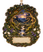 One christmas ornament with a grand firefly clearing, tiny stone bridge, winding stream and blank parchment name plaque.