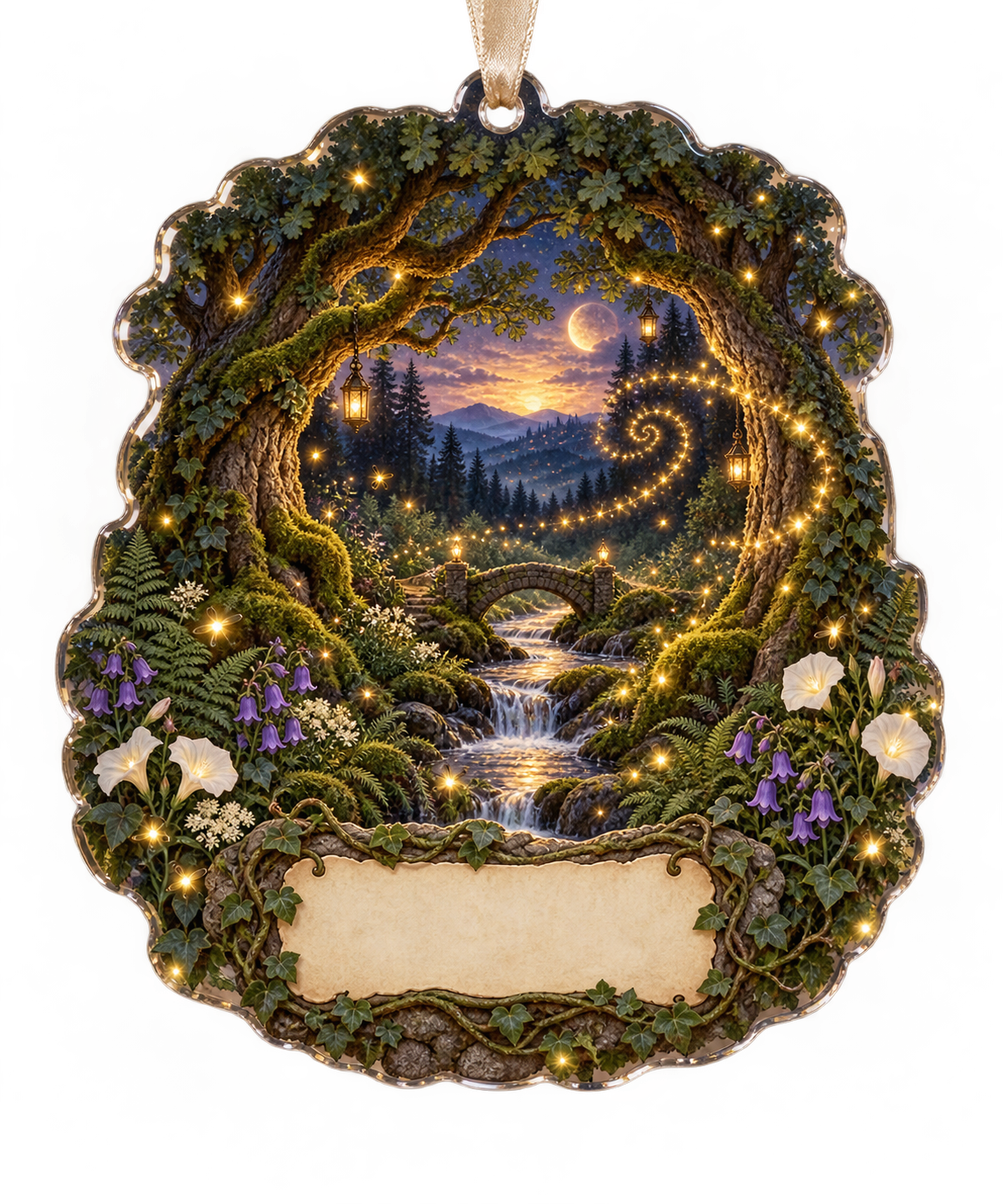 One christmas ornament with a grand firefly clearing, tiny stone bridge, winding stream and blank parchment name plaque.