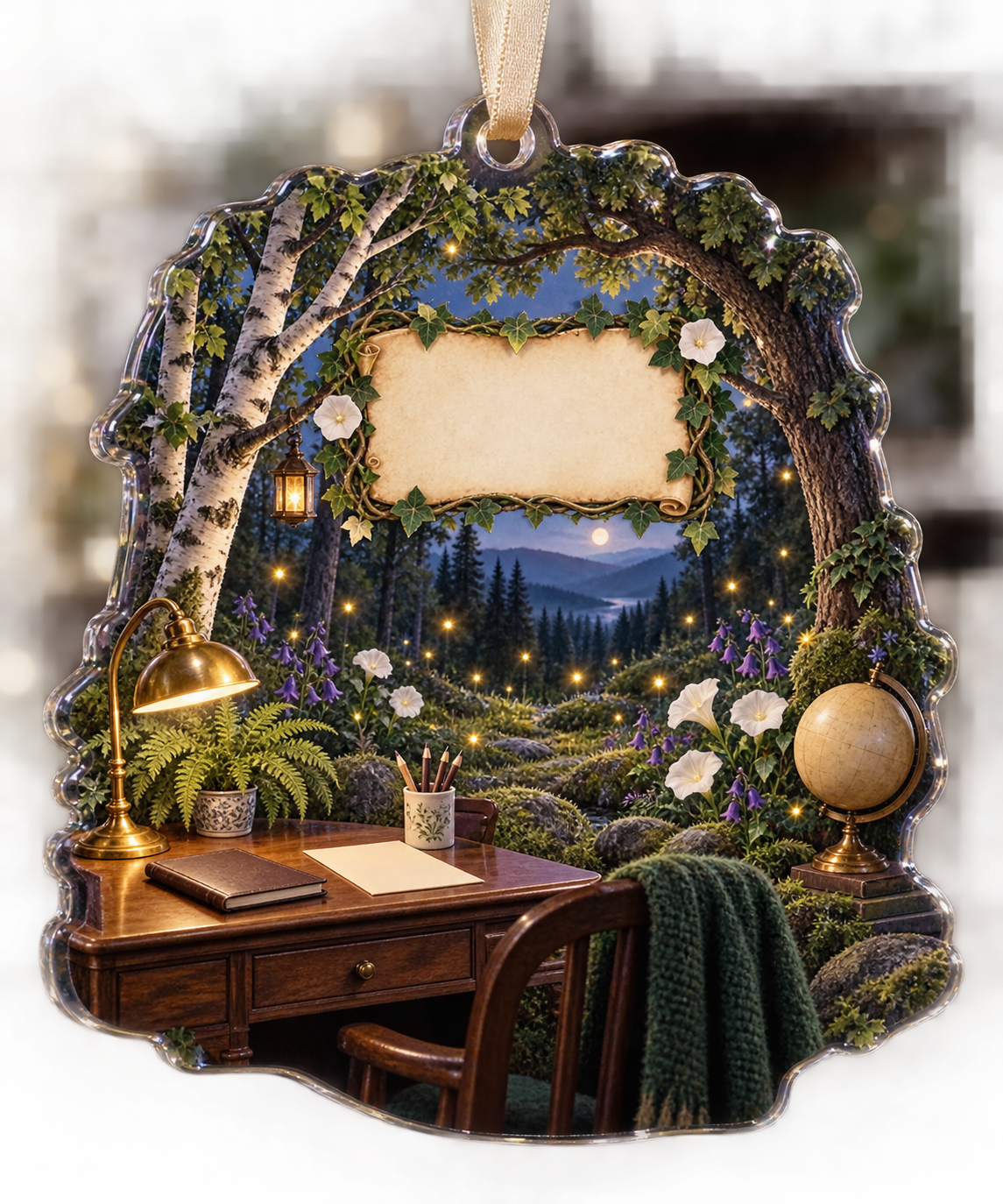 One christmas ornament with a twilight firefly clearing, refined home-office study and blank parchment name plaque.