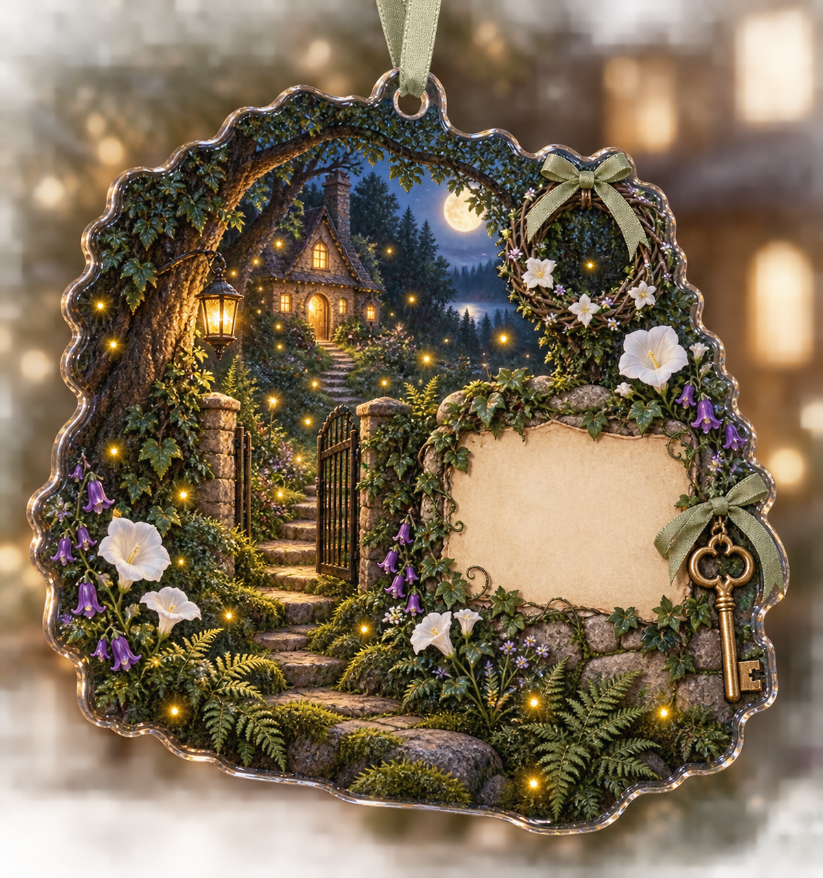 One christmas ornament with a glowing firefly cottage, arched gate, antique key and blank parchment name plaque.
