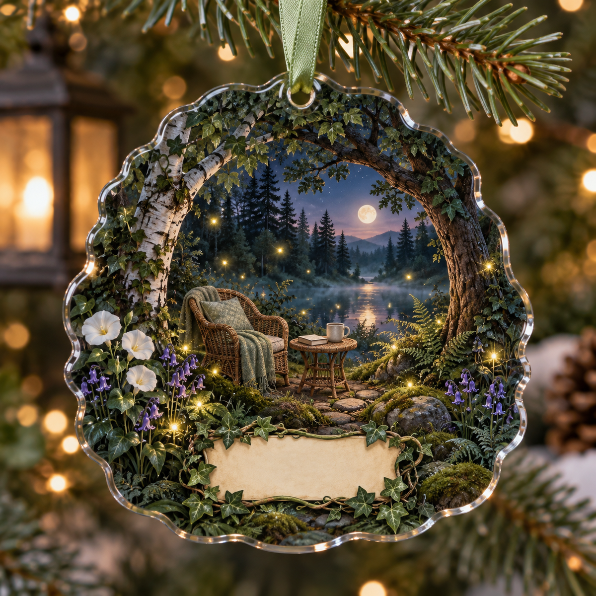 One christmas ornament with a tranquil firefly clearing, rattan chair, side table and blank parchment name plaque.