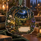 One christmas ornament with a firefly clearing, brass magnifying glass, glass cloche, collector drawers and blank parchment name plaque.