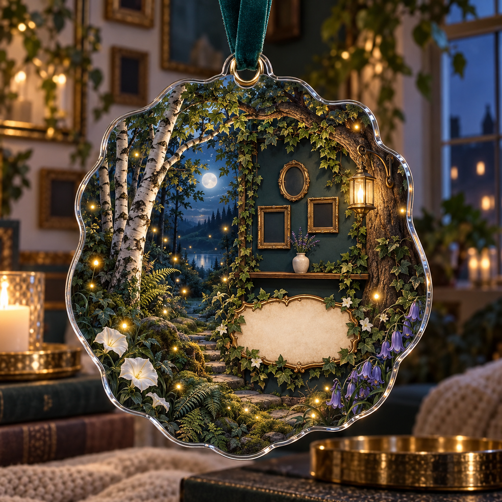 One christmas ornament with a firefly clearing, compact gallery alcove, empty frames and blank parchment name plaque.