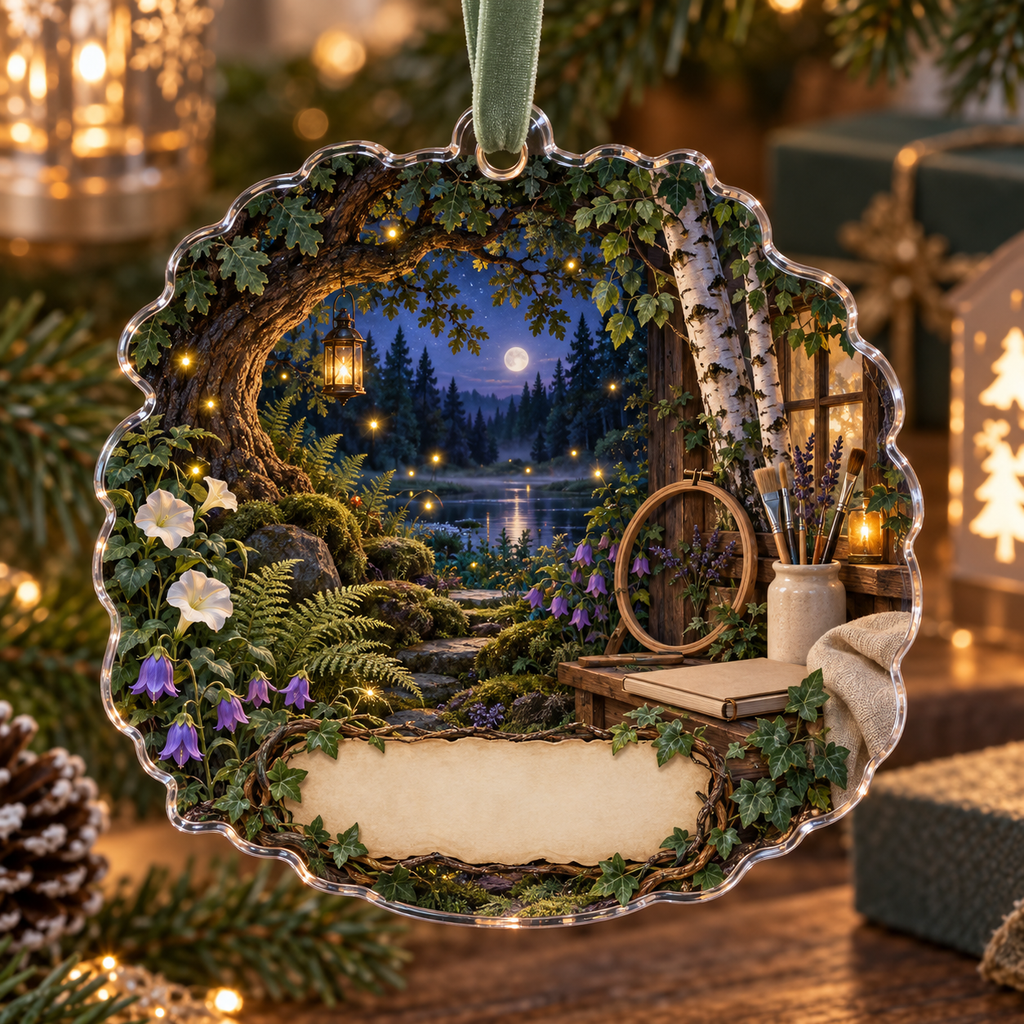 One christmas ornament with a firefly clearing, embroidery hoop, paintbrush jar, blank sketchbook and blank parchment name plaque.