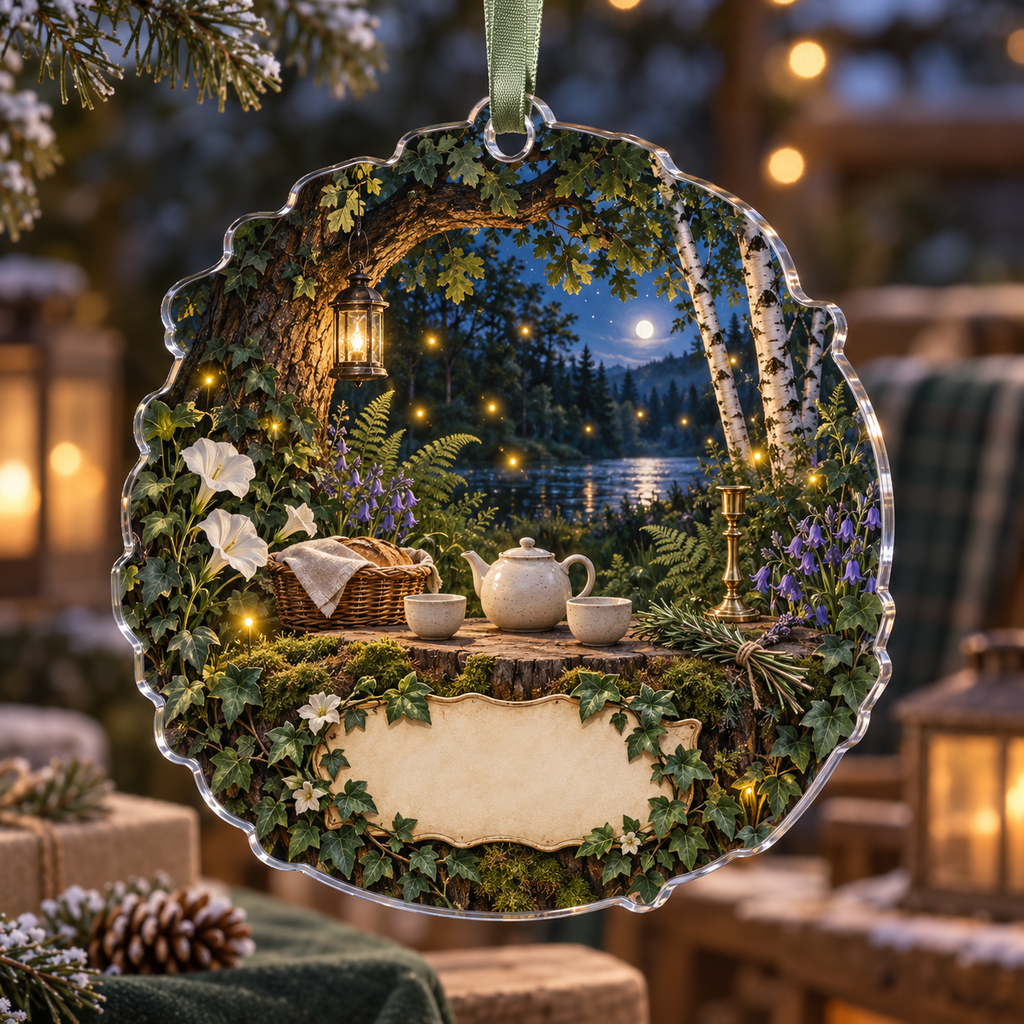 One christmas ornament with a firefly clearing, ceramic tea set, covered bread basket, rosemary sprig and blank parchment name plaque.